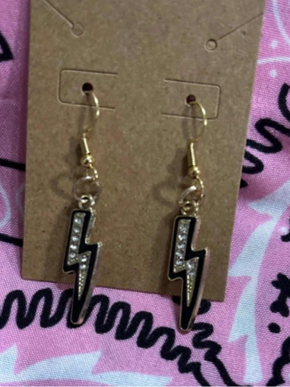 Gold Lightning Bolt Earrings with Black Enamel and Clear Crystals